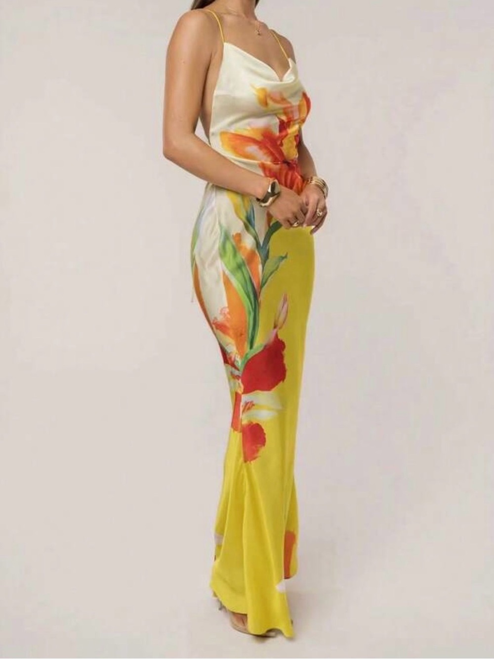 Yellow Floral Cowl Neck Slip Dress - Picture 2 of 3